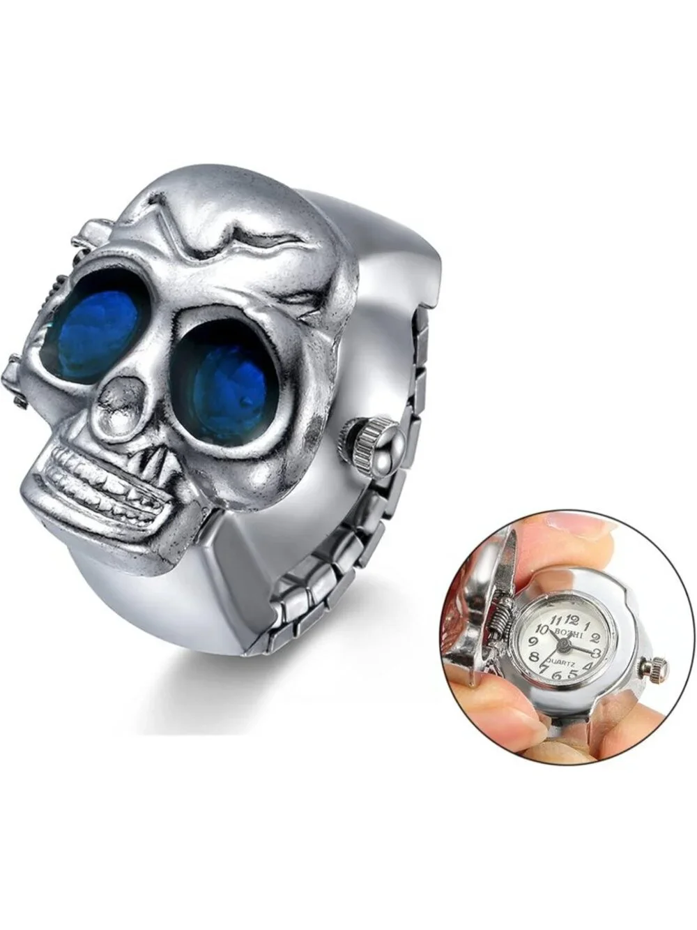 Unisex Silver And Blue Analog Punk Skull Flip-Open Adjustable Finger Ring Watch